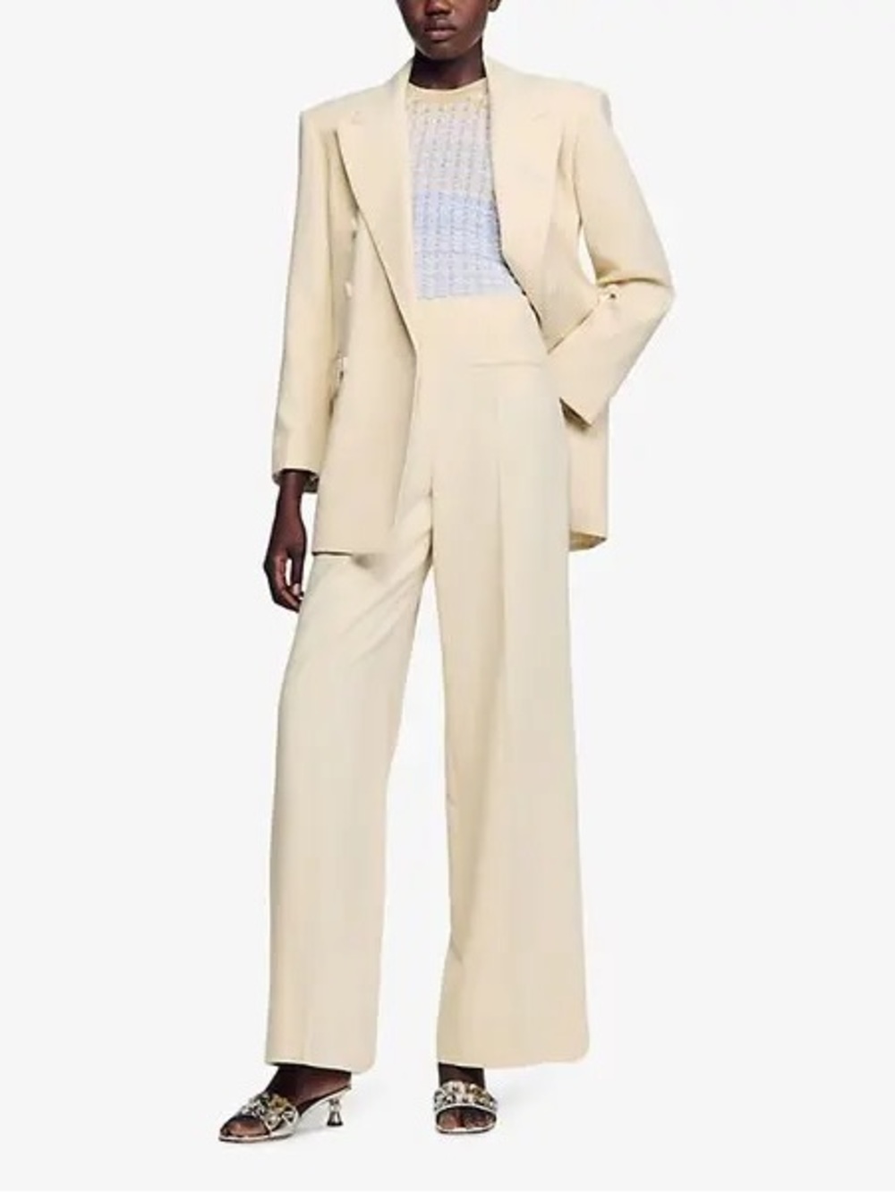 Sandro Cream High-Waist Wide-Leg Trousers